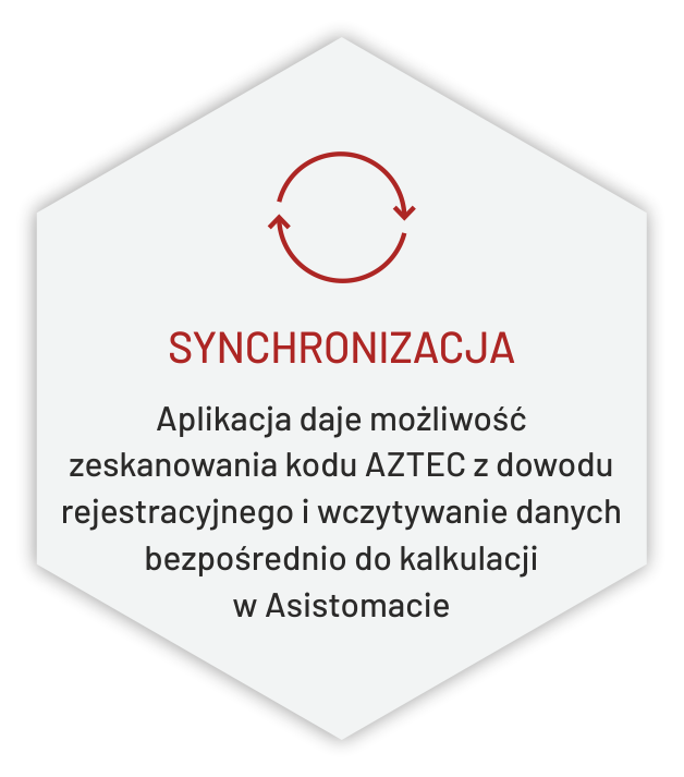 SYNCHRONIZACJA - Aplikacja daje możliwość zeskanowania kodu AZTEC z dowodu rejestracyjnego i wczytywanie danych bezpośrednio do kalkulacji w Asistomacie